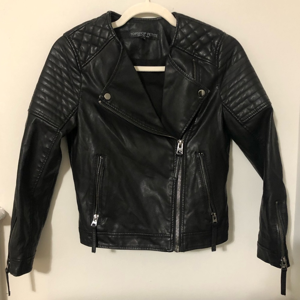 Topshop Petite Moto Jacket, Black, Faux Leather, Size 2 US EUR 34 UK 6